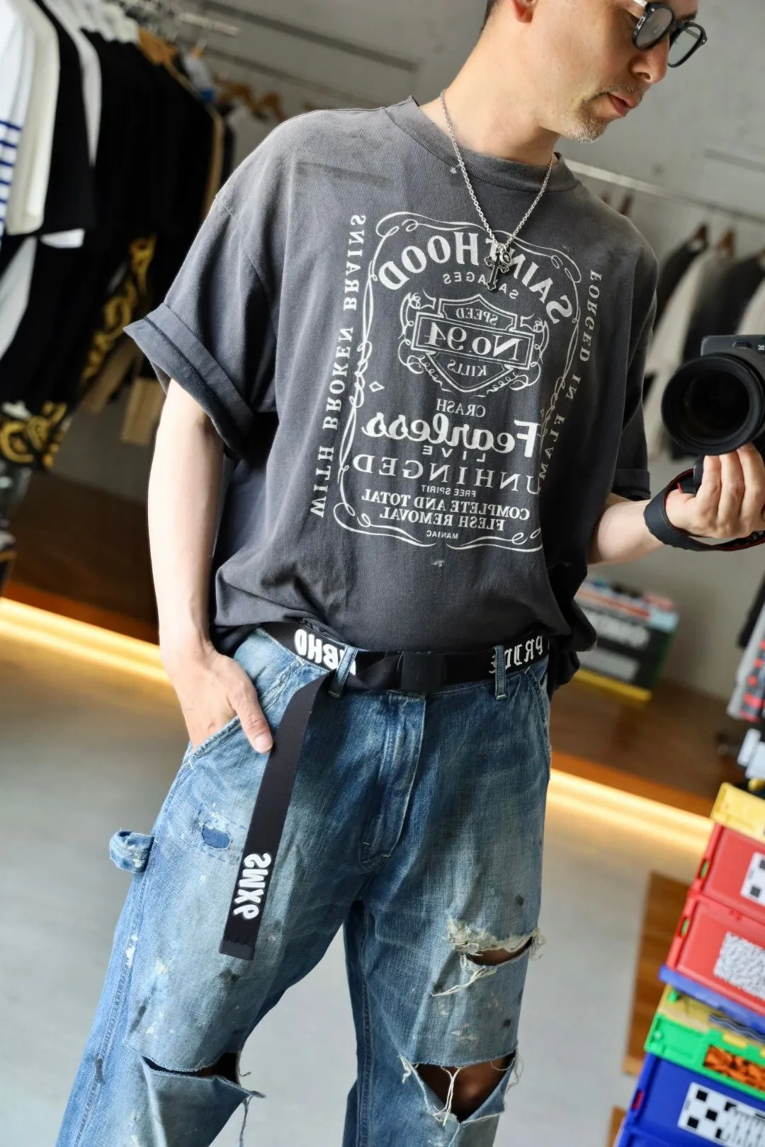 SAINT Mxxxxxx × NEIGHBORHOOD STHD . SS TEE FEARLESS/BLK NBHD Takizawa Shinsuke co-branded whiskey label/love skull angel distressed short sleeves washed black S-XL tube weave without side seam fabric ready-made Assute dyeing custom-woven NBHD co-branded main mark washed mark truly correct version top-level printing process restoration distressed treatment